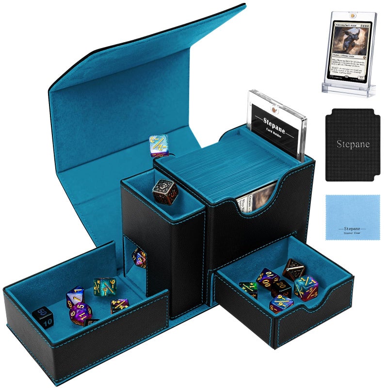 Stepane MTG Deck Box for Commander Display with Dice Tower Fits 100 DoubleSleeved Cards for TCGPTCG Multifunctional Card Storage Box with a 35PT Magnetic Card Holder Black Cyan - Image 2