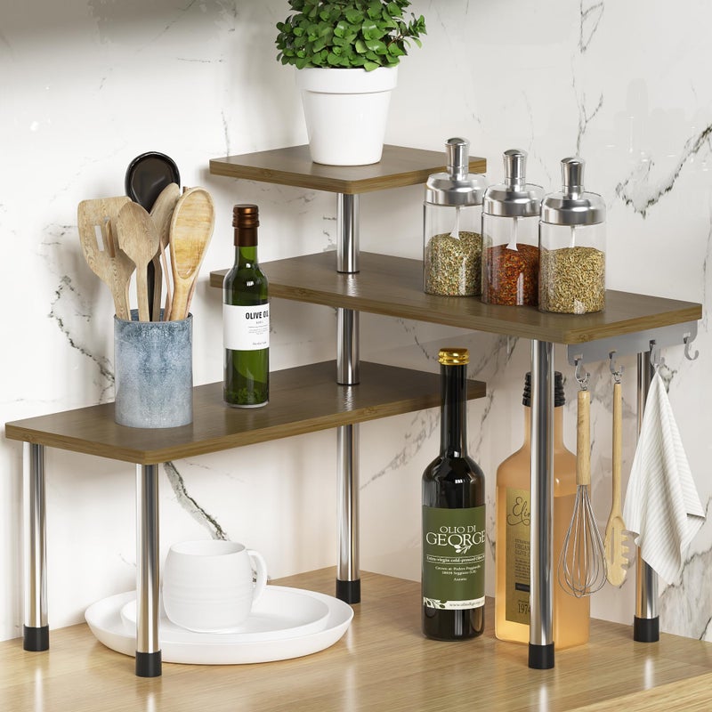 ZHWS Kitchen Corner Shelf Countertop Organizer  3 Tier Bamboo  Metal Kitchen Organization Plant Stand Living Room Office Spice Rack On Counter Shelves Antique