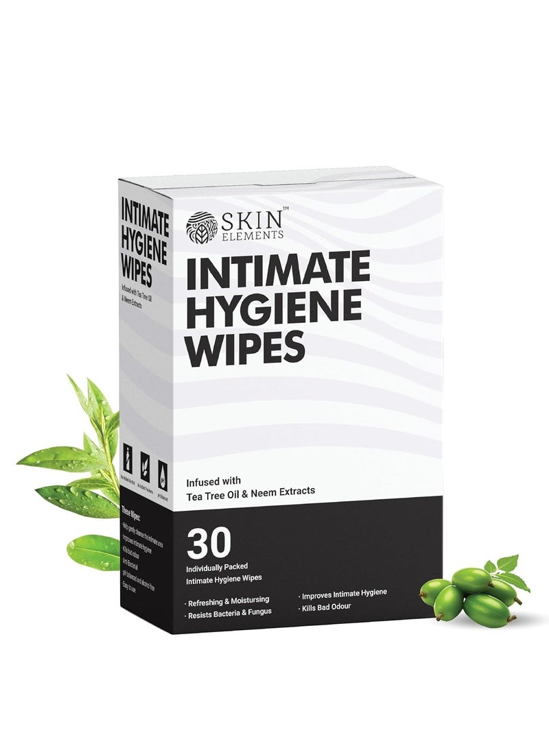 Skin Elements Intimate Hygiene Wipes | All Day Freshness | pH balanced Wipes | Tea Tree Oil & Neem Extracts | 30 Individually Wrapped Intimate Hygiene Wipes - Image 1