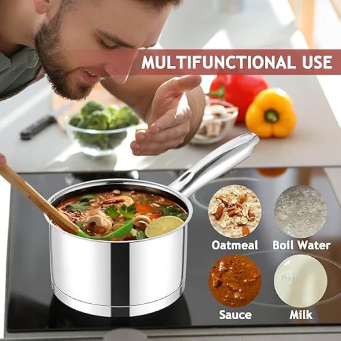 إي-فار قدر صلصة من الفولاذ المقاوم للصدأ مع غطاء، سعة 2 لتر، وعاء حثي للطهي والغليان، متوافق مع جميع المواقد، فرن صحي غير سام، آمن للاستخدام في غسالة الأطباق - Image 5