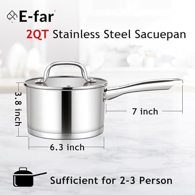 إي-فار قدر صلصة من الفولاذ المقاوم للصدأ مع غطاء، سعة 2 لتر، وعاء حثي للطهي والغليان، متوافق مع جميع المواقد، فرن صحي غير سام، آمن للاستخدام في غسالة الأطباق - Image 3
