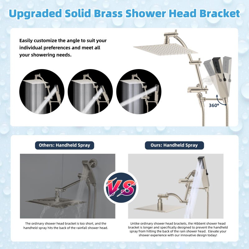 Hibbent All Metal CUPC Certified 8'' Rainfall Shower Head, Dual Shower Head Combo, High Pressure Handheld 4 Sprays Shower Wand, 16'' Adjustable Extension Arm, 71'' Hose, Shower Holder, Brushed Nickel - Image 3