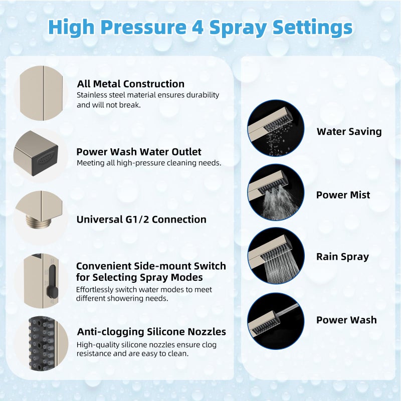 Hibbent All Metal CUPC Certified 8'' Rainfall Shower Head, Dual Shower Head Combo, High Pressure Handheld 4 Sprays Shower Wand, 16'' Adjustable Extension Arm, 71'' Hose, Shower Holder, Brushed Nickel - Image 5