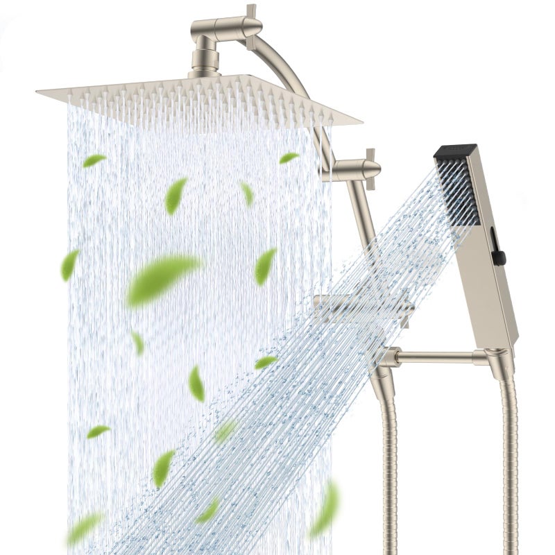 Hibbent All Metal CUPC Certified 8'' Rainfall Shower Head, Dual Shower Head Combo, High Pressure Handheld 4 Sprays Shower Wand, 16'' Adjustable Extension Arm, 71'' Hose, Shower Holder, Brushed Nickel - Image 1
