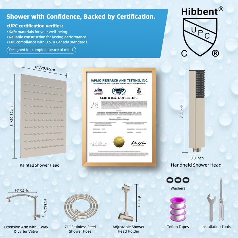 Hibbent All Metal CUPC Certified 8'' Rainfall Shower Head, Dual Shower Head Combo, High Pressure Handheld 4 Sprays Shower Wand, 16'' Adjustable Extension Arm, 71'' Hose, Shower Holder, Brushed Nickel - Image 4