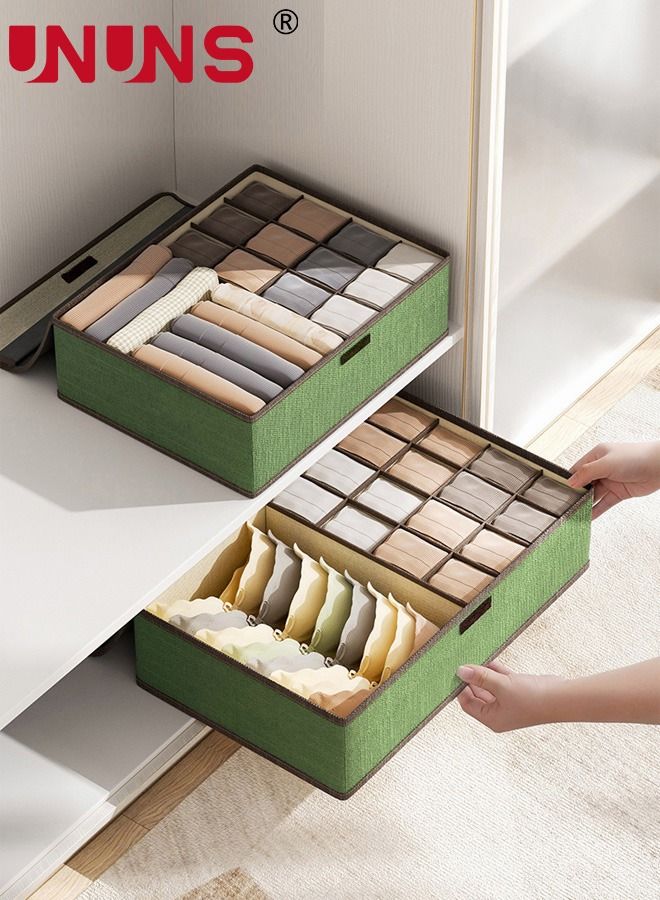 UNUNS Underwear Storage Box,17 Cells And 13 Cells Fabric Divider Drawer Organizer With Cover,2-Piece Foldable Closet Storage Boxes For Socks, Bras,Ties,Towels,Scarves,Green  - Image 1