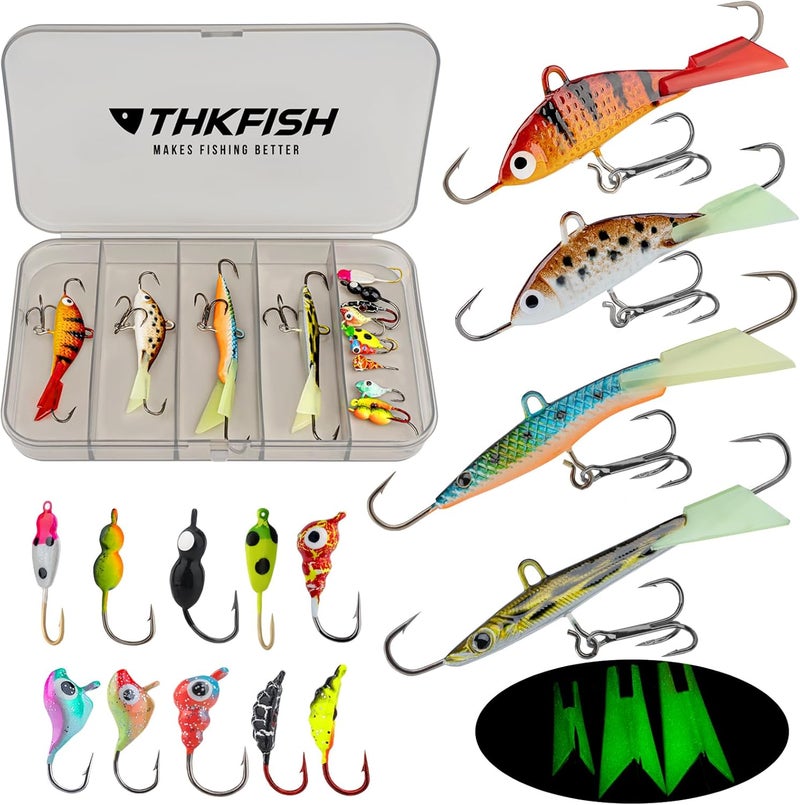 THKFISH Ice Fishing Lures Ice Fishing Jigs Ice Fishing Gear Hard Fishing Lures and Jigs Walleye Ice Fishing Kit Crappie Panfish Pike Jigs,14/26/40PCS - Image 1