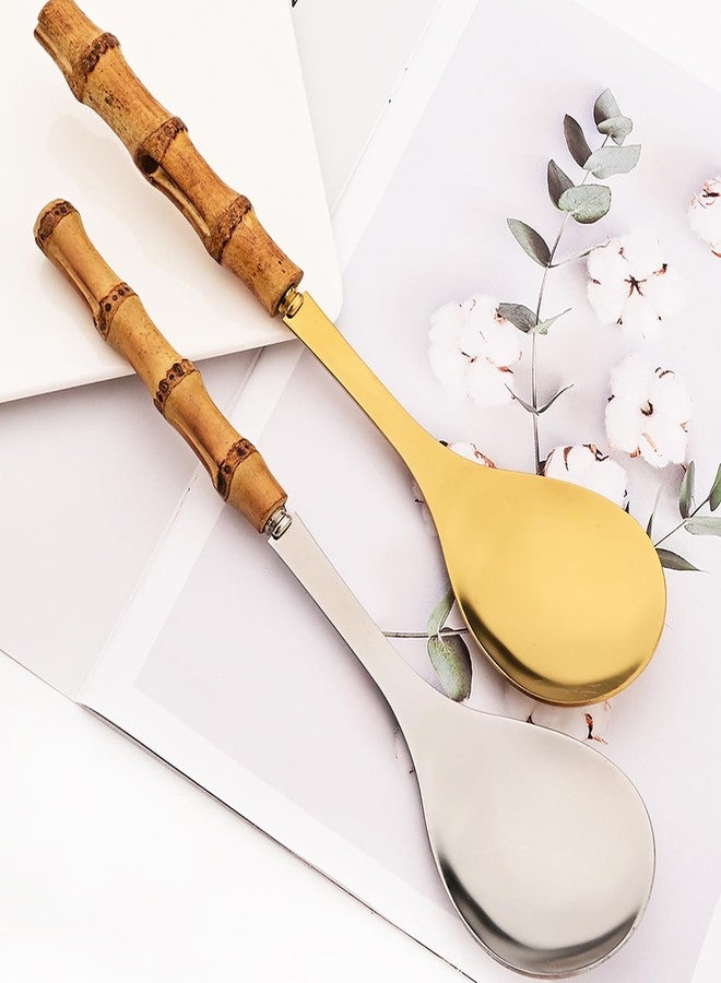 Snplowum 4PCS Serving Spoon, 18/10 Stianless Steel Silver Resuable Serving Utensils With Bamboo Handle, Buffet Banquet Dinner Spoons, 10-inch - Image 2