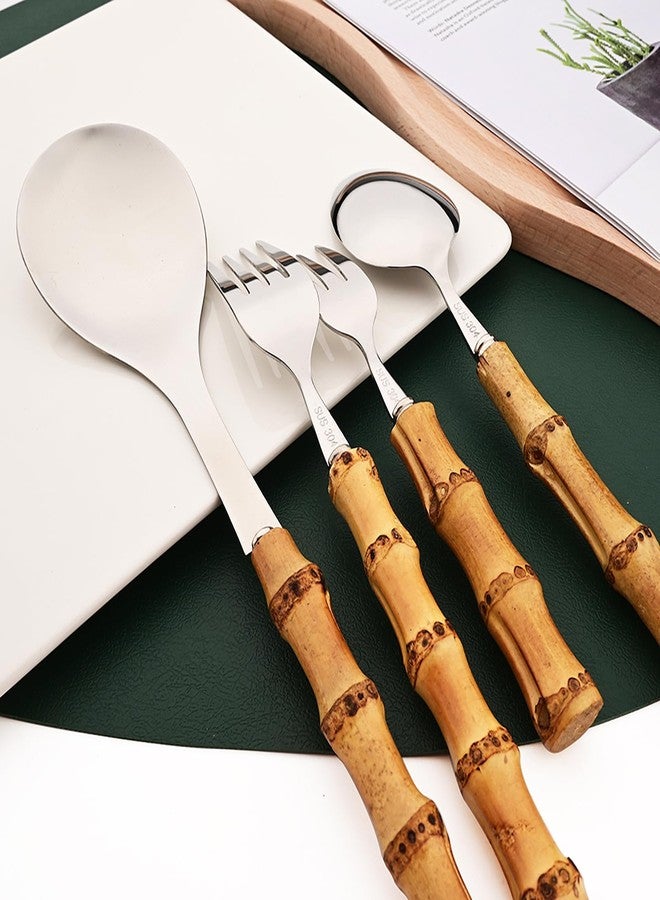 Snplowum 4PCS Serving Spoon, 18/10 Stianless Steel Silver Resuable Serving Utensils With Bamboo Handle, Buffet Banquet Dinner Spoons, 10-inch - Image 4