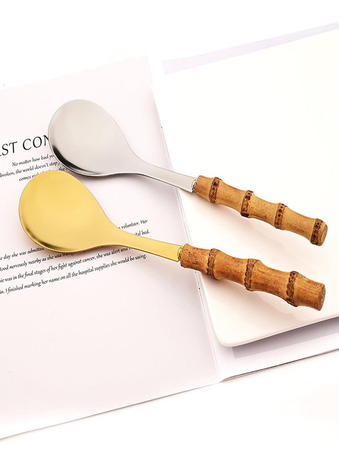 Snplowum 4PCS Serving Spoon, 18/10 Stianless Steel Silver Resuable Serving Utensils With Bamboo Handle, Buffet Banquet Dinner Spoons, 10-inch - Image 3