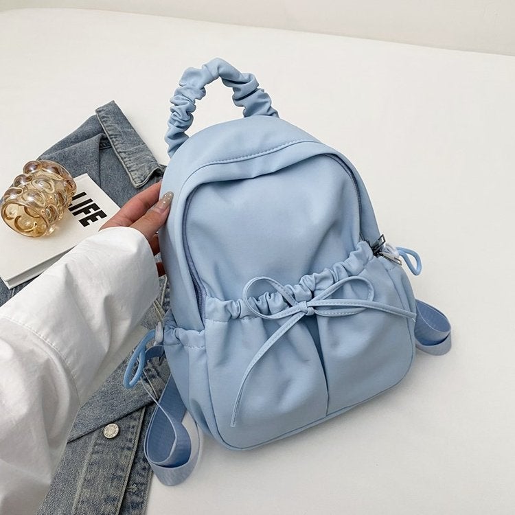 Korean Style Ins Pleated Backpack Nylon Solid Color Simple All-match Casual Backpack Large Capacity Schoolbag for Women Blue theme 