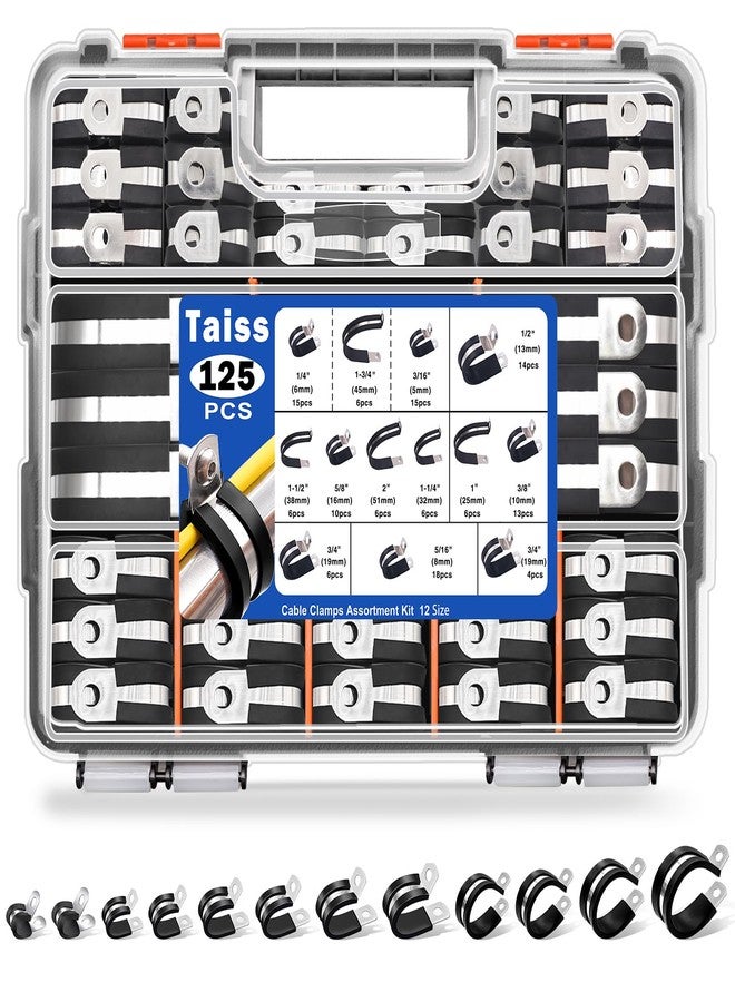 Taiss 125PCS Cable Clamps Assortment Kit 12 Sizes 3/16" 1/4" 5/16" 3/8" 1/2" 5/8" 3/4" 1" 1-1/4" 1-1/2" 1-3/4" 2" Wire Clamps,304 Stainless Steel Rubber Cushion Pipe Clamps,With Portable Handheld Box - Image 1