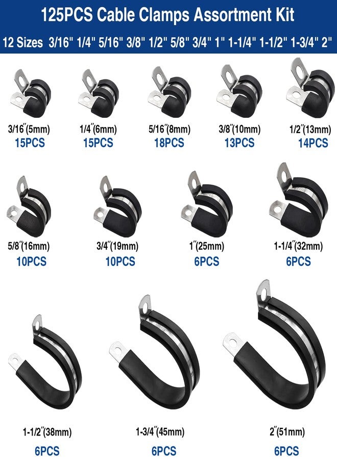 Taiss 125PCS Cable Clamps Assortment Kit 12 Sizes 3/16" 1/4" 5/16" 3/8" 1/2" 5/8" 3/4" 1" 1-1/4" 1-1/2" 1-3/4" 2" Wire Clamps,304 Stainless Steel Rubber Cushion Pipe Clamps,With Portable Handheld Box - Image 2