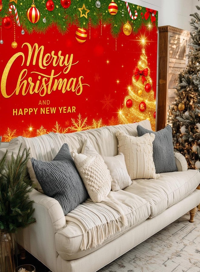 BlissYard Red Christmas Backdrop Banner 8x6ft Golden Merry Christmas Happy New Year Banner Ornaments Snowflakes Holiday Party Decoration Background Indoor Outdoor Scene - Image 5