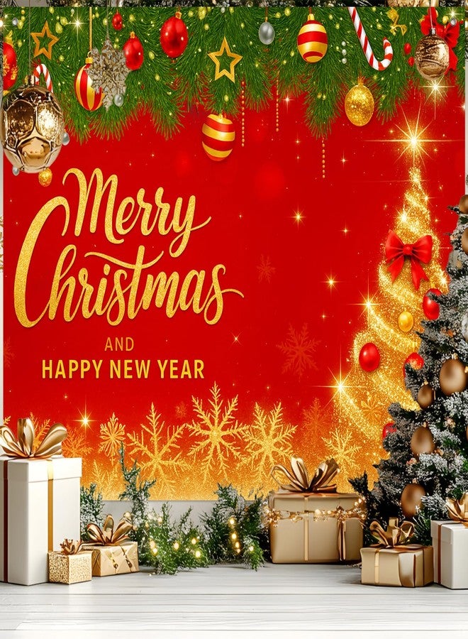 BlissYard Red Christmas Backdrop Banner 8x6ft Golden Merry Christmas Happy New Year Banner Ornaments Snowflakes Holiday Party Decoration Background Indoor Outdoor Scene - Image 1