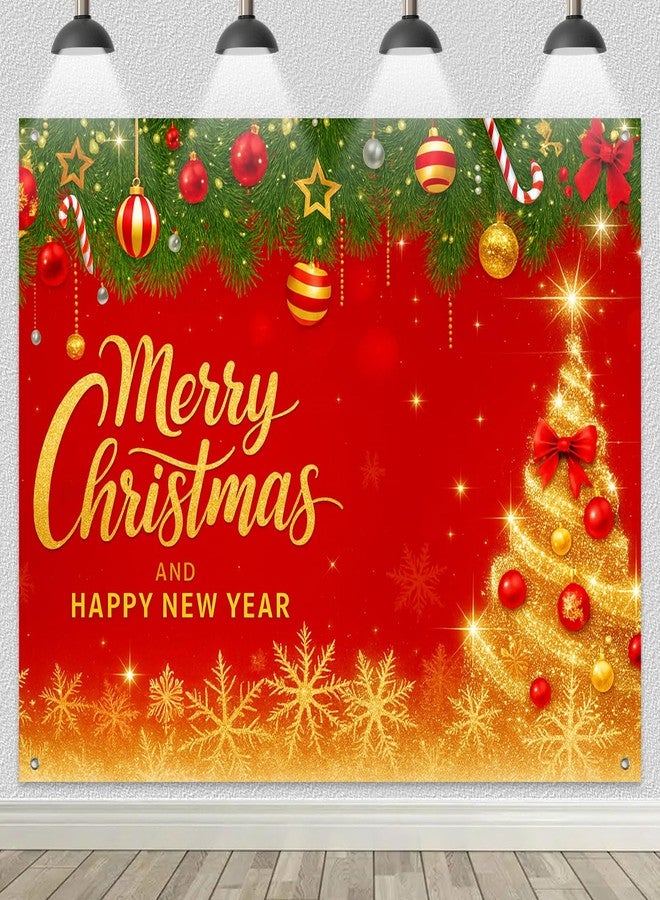 BlissYard Red Christmas Backdrop Banner 8x6ft Golden Merry Christmas Happy New Year Banner Ornaments Snowflakes Holiday Party Decoration Background Indoor Outdoor Scene - Image 2