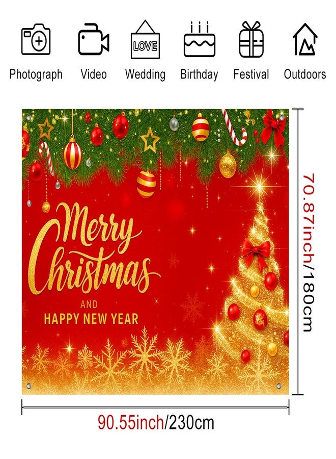 BlissYard Red Christmas Backdrop Banner 8x6ft Golden Merry Christmas Happy New Year Banner Ornaments Snowflakes Holiday Party Decoration Background Indoor Outdoor Scene - Image 4