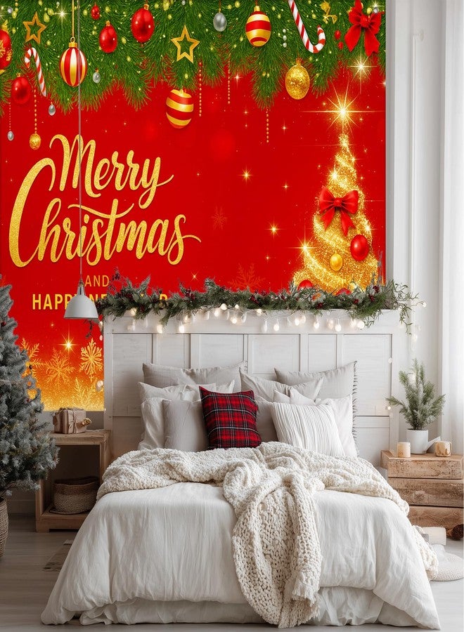 BlissYard Red Christmas Backdrop Banner 8x6ft Golden Merry Christmas Happy New Year Banner Ornaments Snowflakes Holiday Party Decoration Background Indoor Outdoor Scene - Image 3