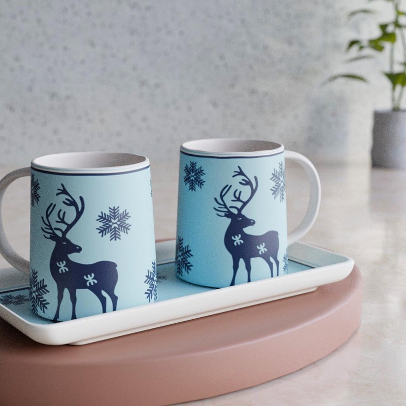The Earth Store Blue Reindeer Ceramic Coffee Mug with Tray | Microwave & Dishwasher Safe | Tea Mugs to Gift to Best Friends | Ideal for Coffee, Tea, Hot Beverages | 300ML, 1 Tray and 2 Coffee Mug - Image 3