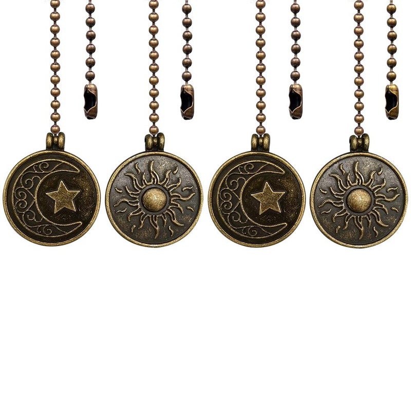 Dotlite Copper Ceiling Fan Pull Chain Set Decorative Totem Fan Pull Chain Pendant Extension 12 Inches Lighting  Fan Beaded Ball Chain Extender Ornament with Connector Moon and Sun 4Pack