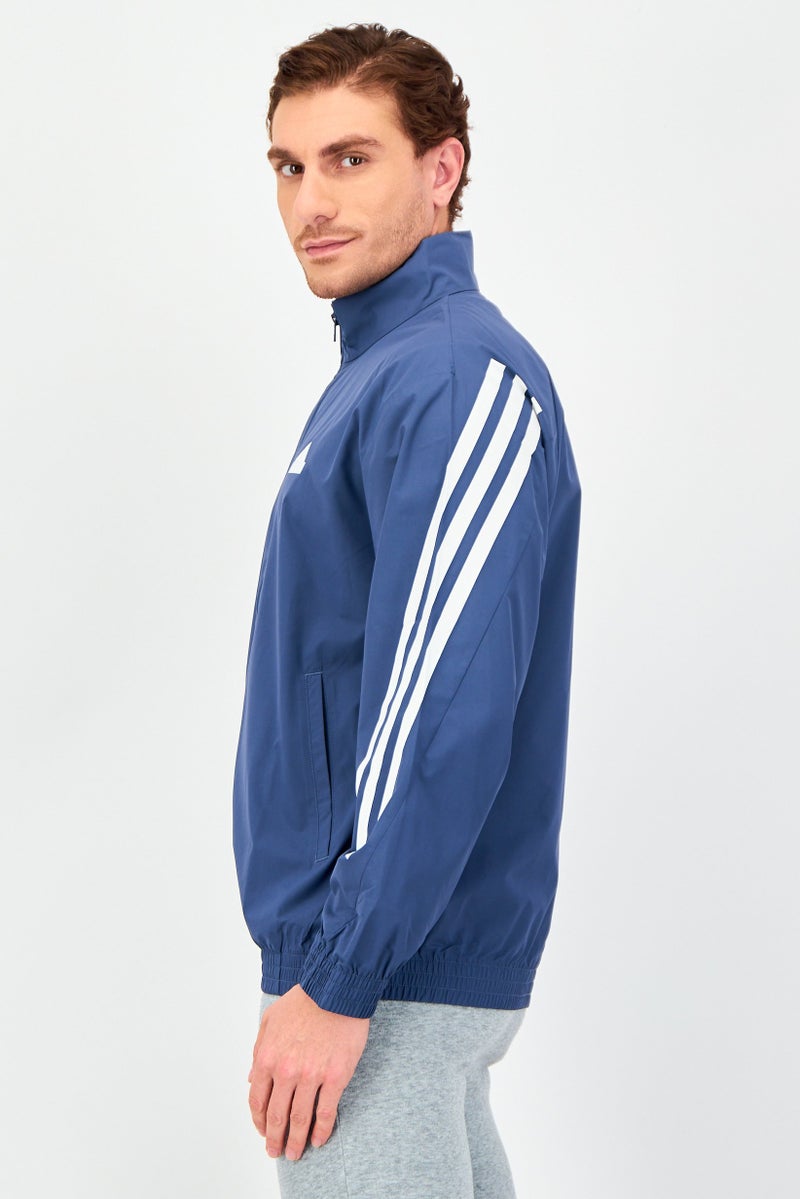 Adidas جاكيت تدريب برباط عادي للرجال بشعار العلامة التجارية، أزرق رمادي - Image 2