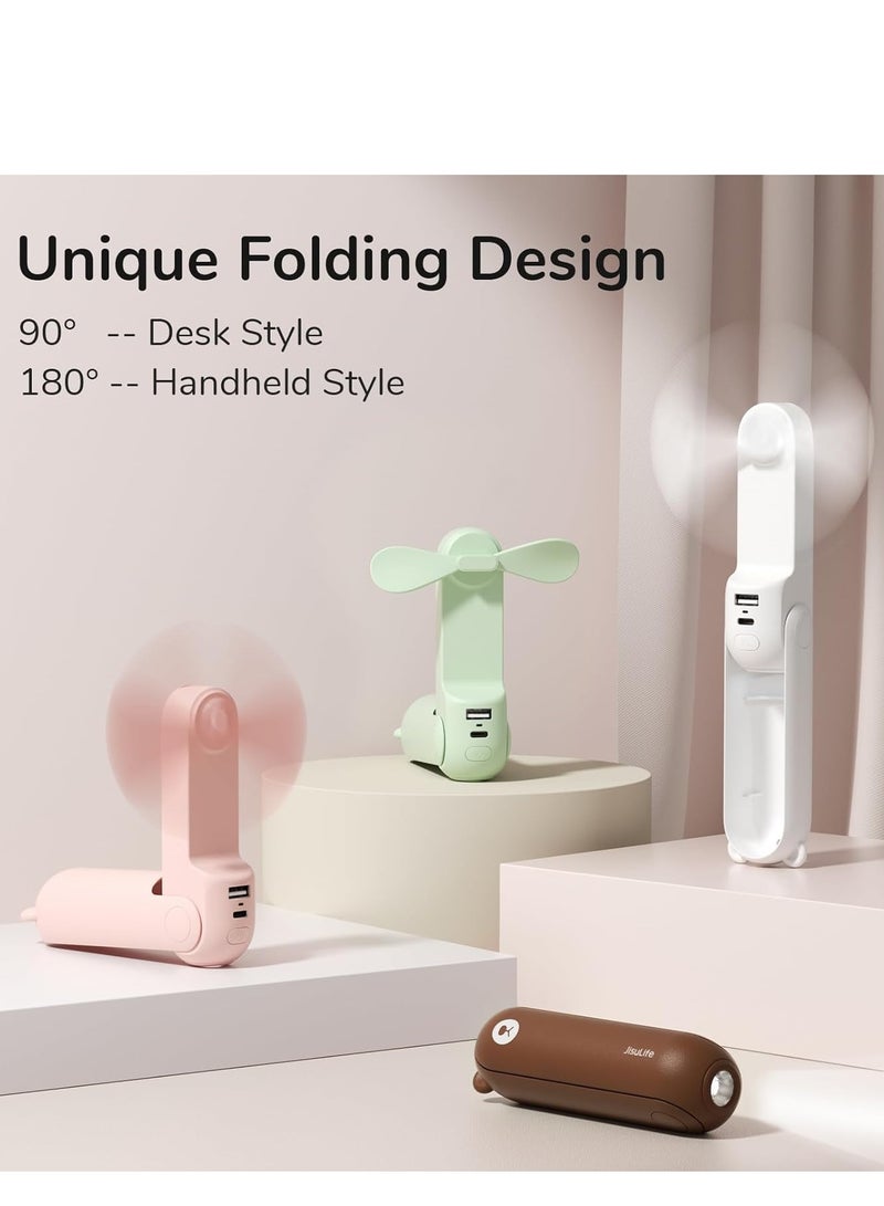 جيسيو لايف مروحة صغيرة محمولة من JISULIFE، مروحة محمولة قابلة لإعادة الشحن عبر USB 2 في 1 [12-19 ساعة عمل] مع بنك طاقة، تصميم جيب للسفر/الصيف/الحفلات الموسيقية/الليزر، هدية للنساء (وردي) - Image 3
