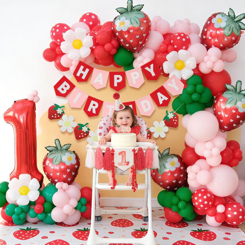 Ereniko Berry First Birthday Decor Strawberry Balloons Arch Kit 1st Sweet Baby Girl Happy Birthday Banner For Party Decorations - Image 3
