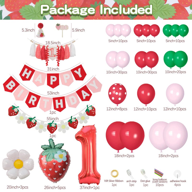 Ereniko Berry First Birthday Decor Strawberry Balloons Arch Kit 1st Sweet Baby Girl Happy Birthday Banner For Party Decorations - Image 2