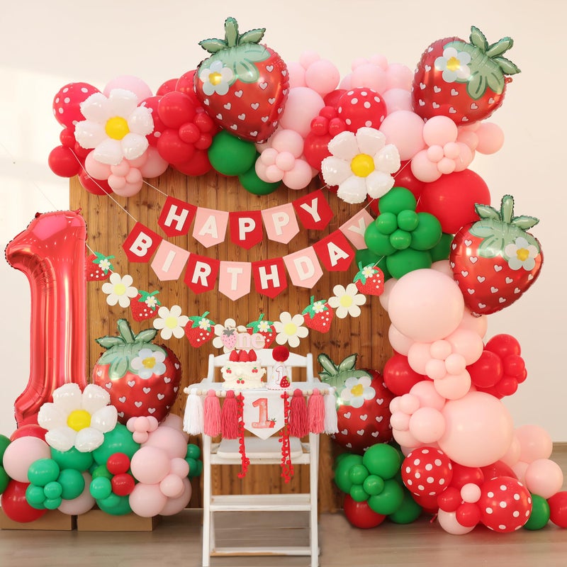 Ereniko Berry First Birthday Decor Strawberry Balloons Arch Kit 1st Sweet Baby Girl Happy Birthday Banner For Party Decorations - Image 1