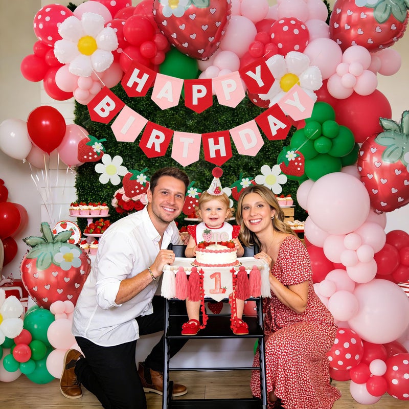 Ereniko Berry First Birthday Decor Strawberry Balloons Arch Kit 1st Sweet Baby Girl Happy Birthday Banner For Party Decorations - Image 5
