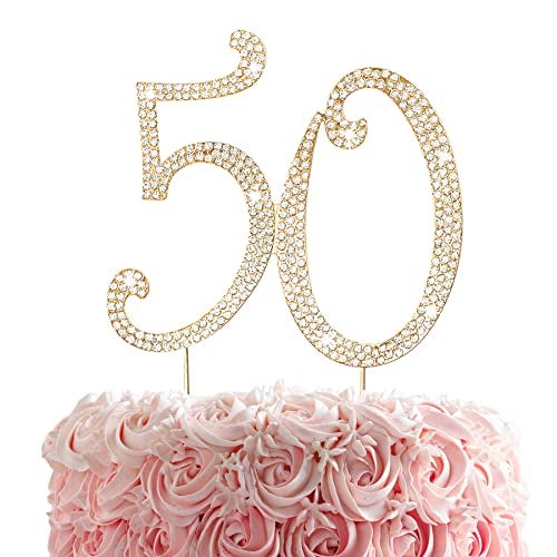 HOKPA 50th Rhinestones Cake Topper Gold 50th Birthday Cake Decoration Wedding Anniversary Party Decor Ideal Perfect Keepsake - Image 1