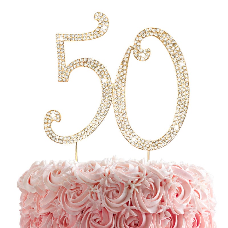 HOKPA 50th Rhinestones Cake Topper Gold 50th Birthday Cake Decoration Wedding Anniversary Party Decor Ideal Perfect Keepsake - Image 3