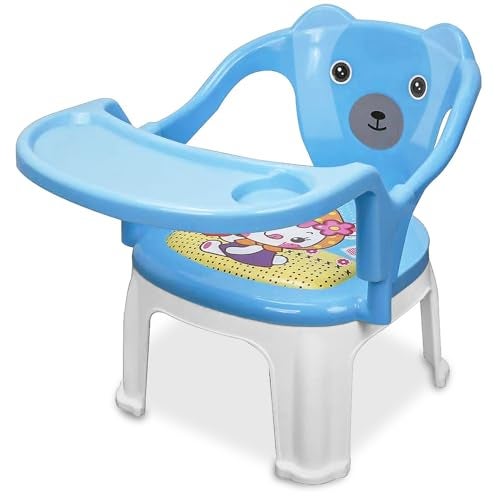 Tony Stark Plastic Chu-Chu squeak sound Feeding Chair with Removable Tray || Soft Cushion Seat & High Backrest with Teddy Bear Design Study Table ||Strong and Portable Baby Chair for Kids, Toddlers, and Babies || 1-4 Years, Upto 25 Kgs - Blue - Image 1