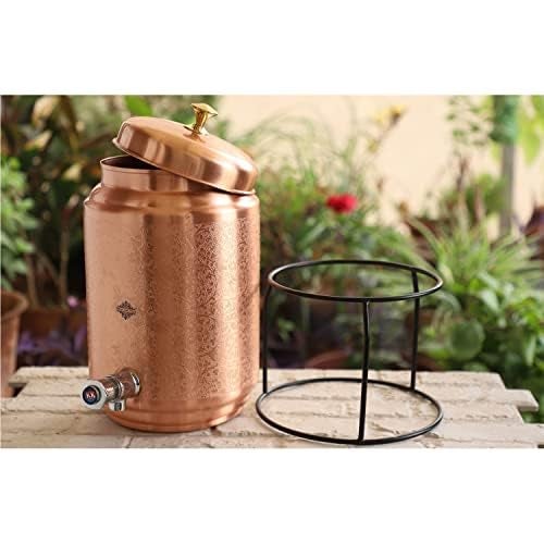 INDIAN ART VILLA Copper Water Pot, Embossed Finish Design with Brass Tap & Stand, Storage & Serving Water, Volume- 5 Liters - Image 2