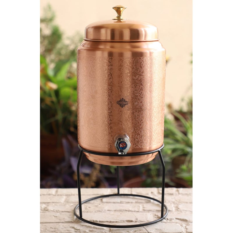 INDIAN ART VILLA Copper Water Pot, Embossed Finish Design with Brass Tap & Stand, Storage & Serving Water, Volume- 5 Liters - Image 1