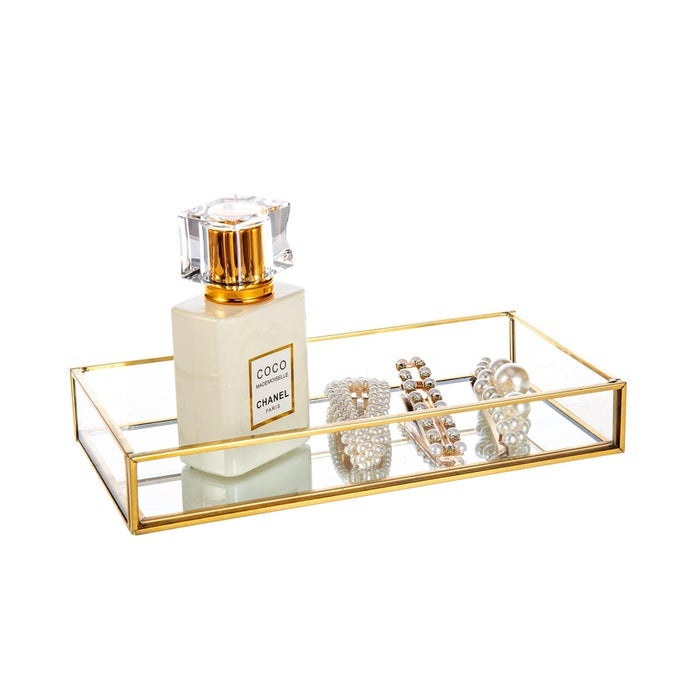 SMALL GOLD CLEAR GLASS PERFUME TRAY VANITY JEWELRY TRINKET RINGS EARRINGS ORGANIZER TRAY COLLECTION DISPLAY DECORATIVE TRAY FOR DRESSR DRAWER OFFICE TABLETOP 787INCH