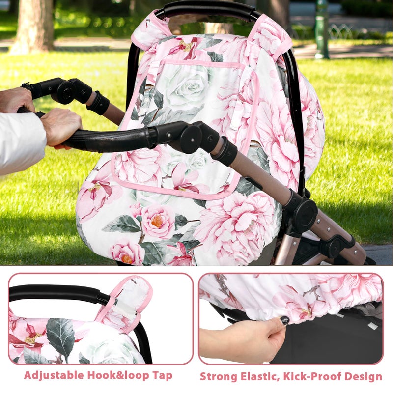 Pea Pod Car Seat Cover for Baby Girls, Floral Infant Car Seat Canopy Cover for Newborn, with 2 Layers Windows of Breathable Mesh/Fabric, 3D Minky Dot Backing, Ultra Soft & Comfortable - Image 2