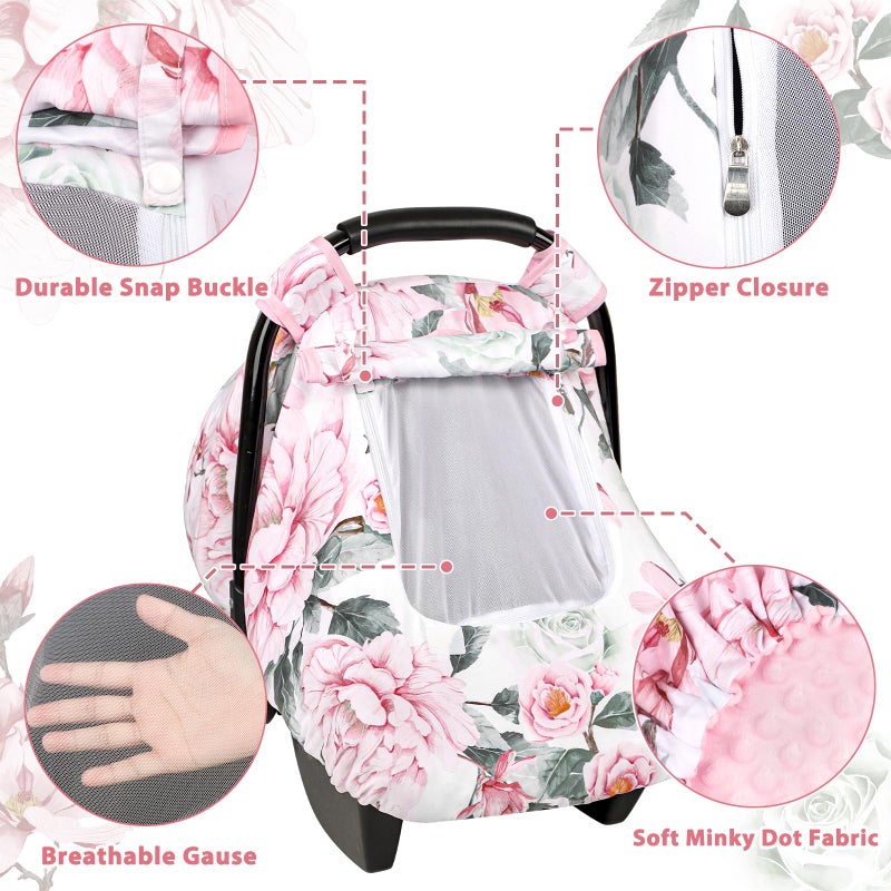 Pea Pod Car Seat Cover for Baby Girls, Floral Infant Car Seat Canopy Cover for Newborn, with 2 Layers Windows of Breathable Mesh/Fabric, 3D Minky Dot Backing, Ultra Soft & Comfortable - Image 3