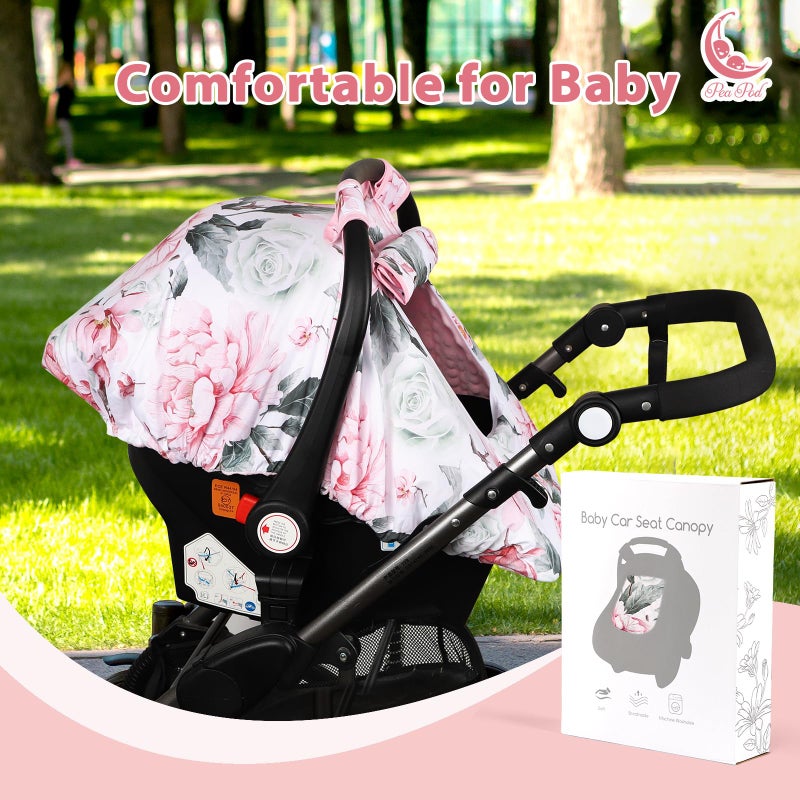 Pea Pod Car Seat Cover for Baby Girls, Floral Infant Car Seat Canopy Cover for Newborn, with 2 Layers Windows of Breathable Mesh/Fabric, 3D Minky Dot Backing, Ultra Soft & Comfortable - Image 4