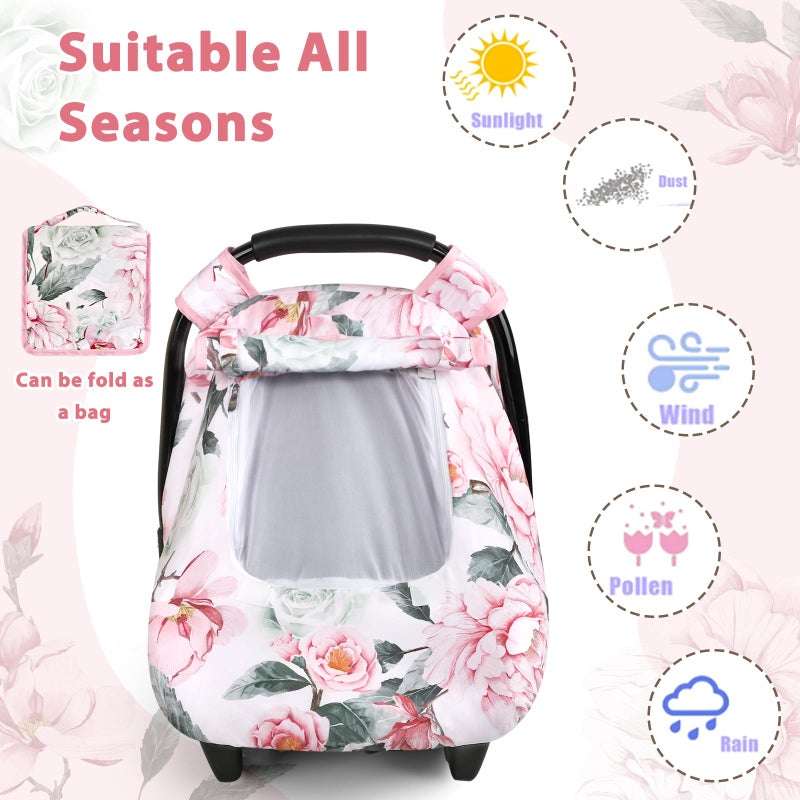 Pea Pod Car Seat Cover for Baby Girls, Floral Infant Car Seat Canopy Cover for Newborn, with 2 Layers Windows of Breathable Mesh/Fabric, 3D Minky Dot Backing, Ultra Soft & Comfortable - Image 5