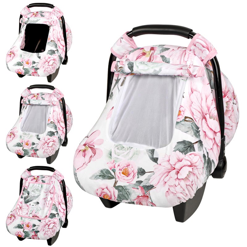Pea Pod Car Seat Cover for Baby Girls, Floral Infant Car Seat Canopy Cover for Newborn, with 2 Layers Windows of Breathable Mesh/Fabric, 3D Minky Dot Backing, Ultra Soft & Comfortable - Image 1