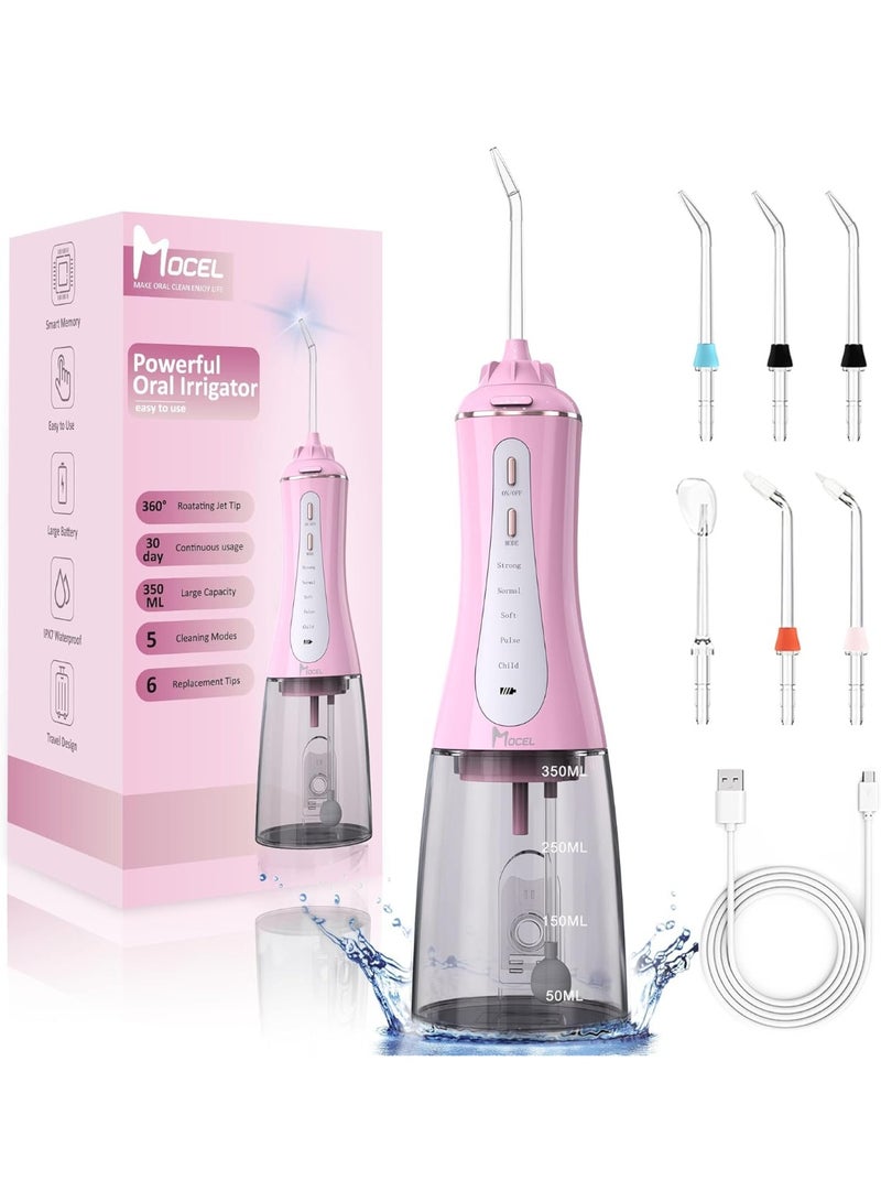 Mocel Water Dental Flosser for Teeth - 350ML Large Tank 5 Modes & 6 Tips Cordless, Oral Irrigator Waterproof, Portable Teeth Cleaning and Flossing with Effective Plaque Remover for Adults (Pink)