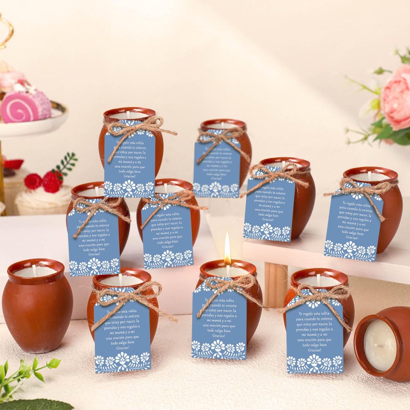 Conelist 12 Set Cielito Lindo Party Decorations Baby Shower Candles Terracotta Mexican Recuerdos DIY Jar Candles with Gift Tags and Rope for Baby Shower Birthday Cinco De Mayo Fiesta (Blue) - Image 4