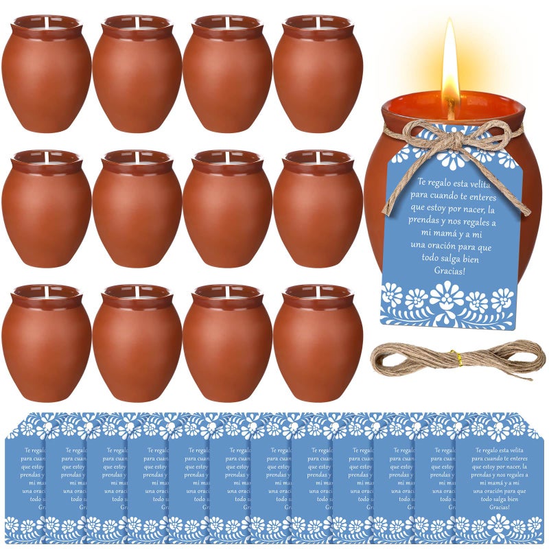 Conelist 12 Set Cielito Lindo Party Decorations Baby Shower Candles Terracotta Mexican Recuerdos DIY Jar Candles with Gift Tags and Rope for Baby Shower Birthday Cinco De Mayo Fiesta (Blue) - Image 1