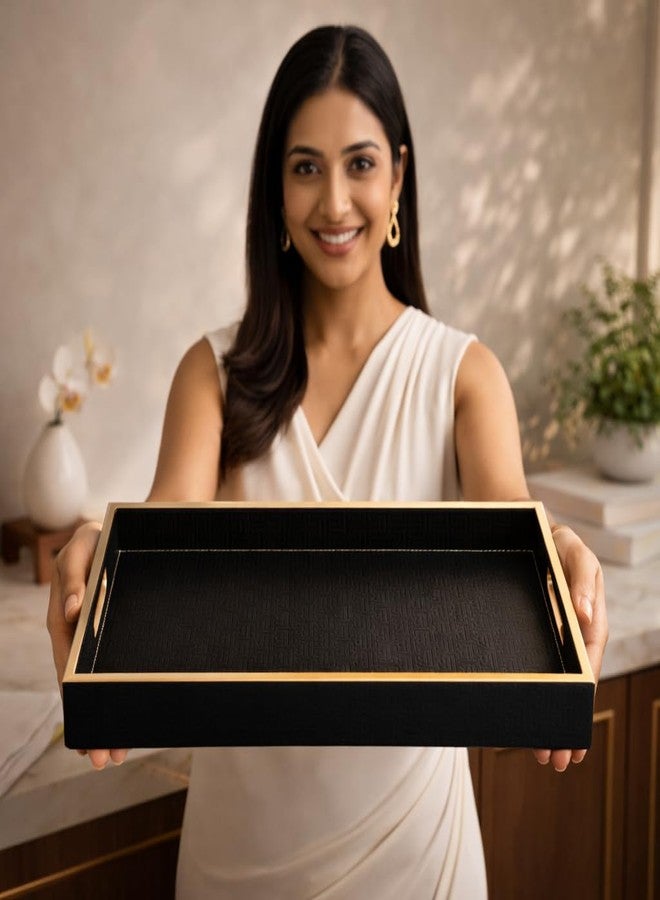 amimashop صينية تقديم خشبية كبيرة من Amimashop® بلمسة نهائية جلدية | صينية مستطيلة كبيرة الحجم 18 × 12 بوصة للشاي والقهوة والوجبات الخفيفة | صينية جلدية مزخرفة للمطبخ والطاولة وديكور المنزل (أسود) - Image 3