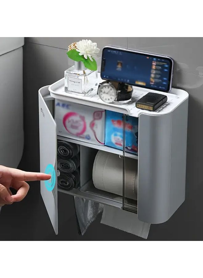 Grey Multi-Functional No-Drill Dustproof Wall Mounted Toilet Paper Holder for Bathroom - Image 1