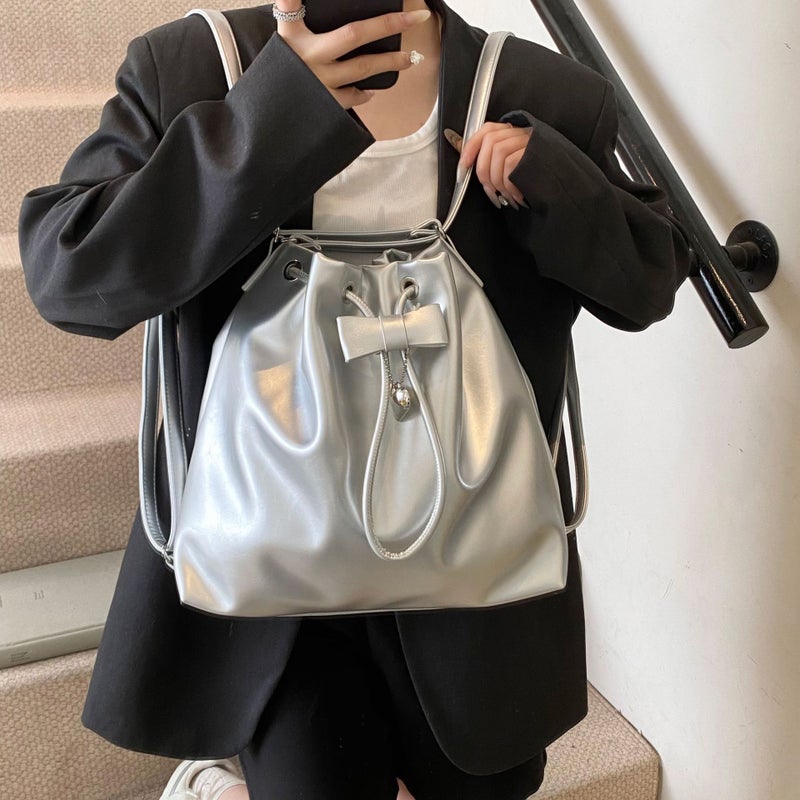 Korean Style Large Capacity Bucket Women'S Bag Solid Color Niche Simple Casual Shoulder Bag Multifunctional Backpack - Image 5