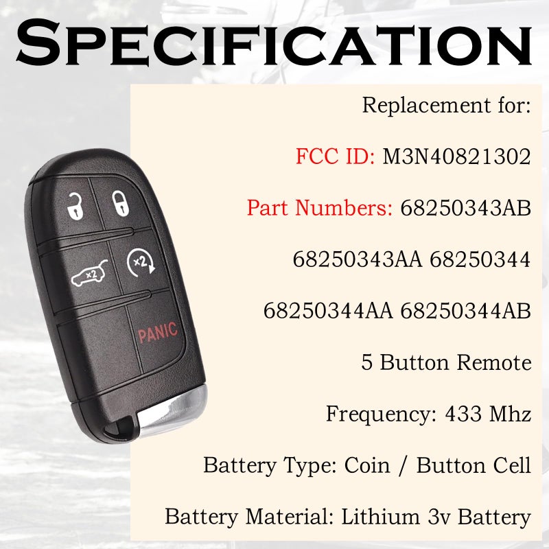 SUPALAND Remote Key Fob Replacement Fits for Jeep Compass 2017 2018 2019 2020 2021 2022 2023 2024 5 Buttons Smart Proximity Keyless Entry Remote Control 4A Chip M3N40821302 68250343AB 68250344 - Image 3