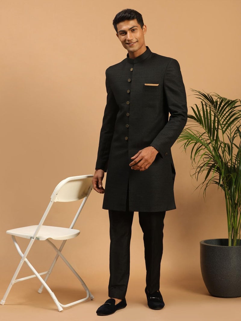 VASTRAMAY Matka Silk Solid Textured Sherwani with Metal Buttons and Pant Style Kurta Set For Men Elegant Ethnic Wear For Weddings & Festivals, 36,Black - Image 2