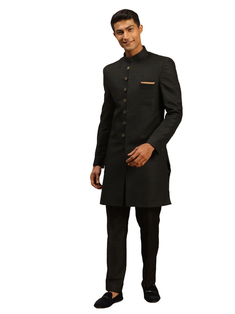 VASTRAMAY Matka Silk Solid Textured Sherwani with Metal Buttons and Pant Style Kurta Set For Men Elegant Ethnic Wear For Weddings & Festivals, 36,Black - Image 1